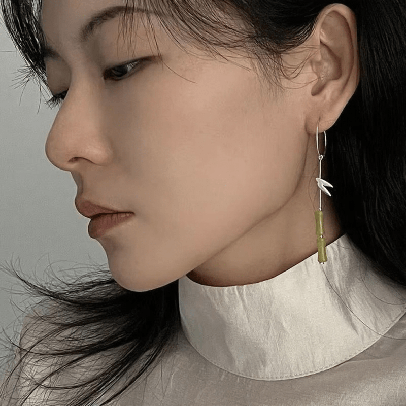 Bamboo Charm Statement Silver Dangle Earrings - Image 2