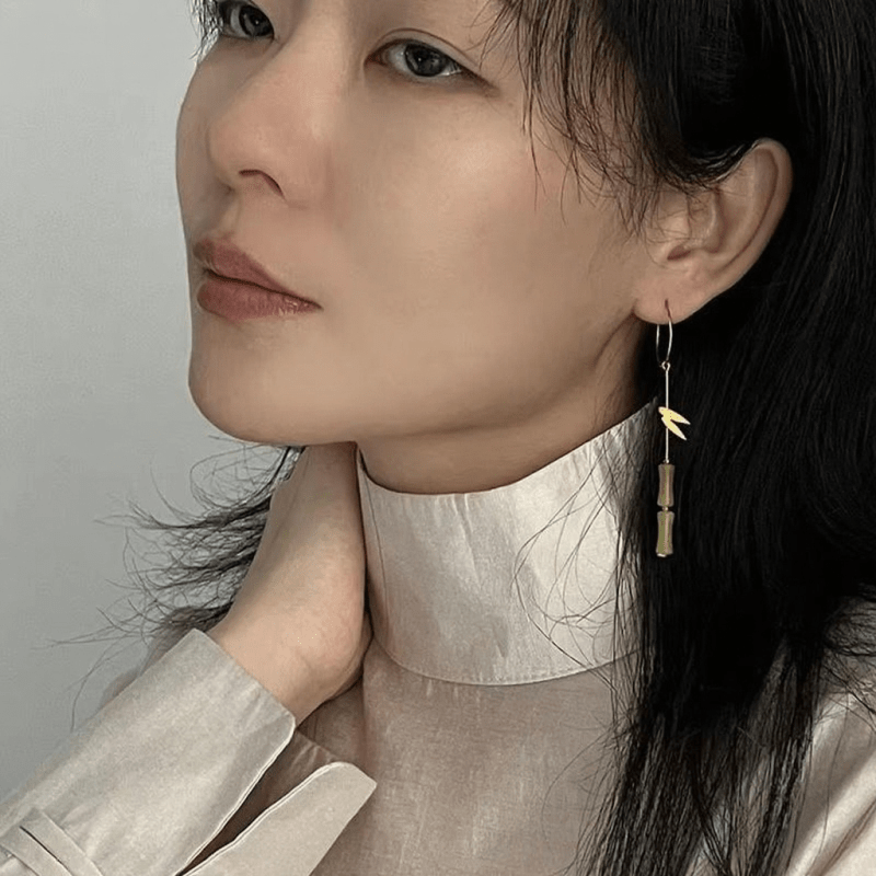 Bamboo Charm Statement Silver Dangle Earrings - Image 3